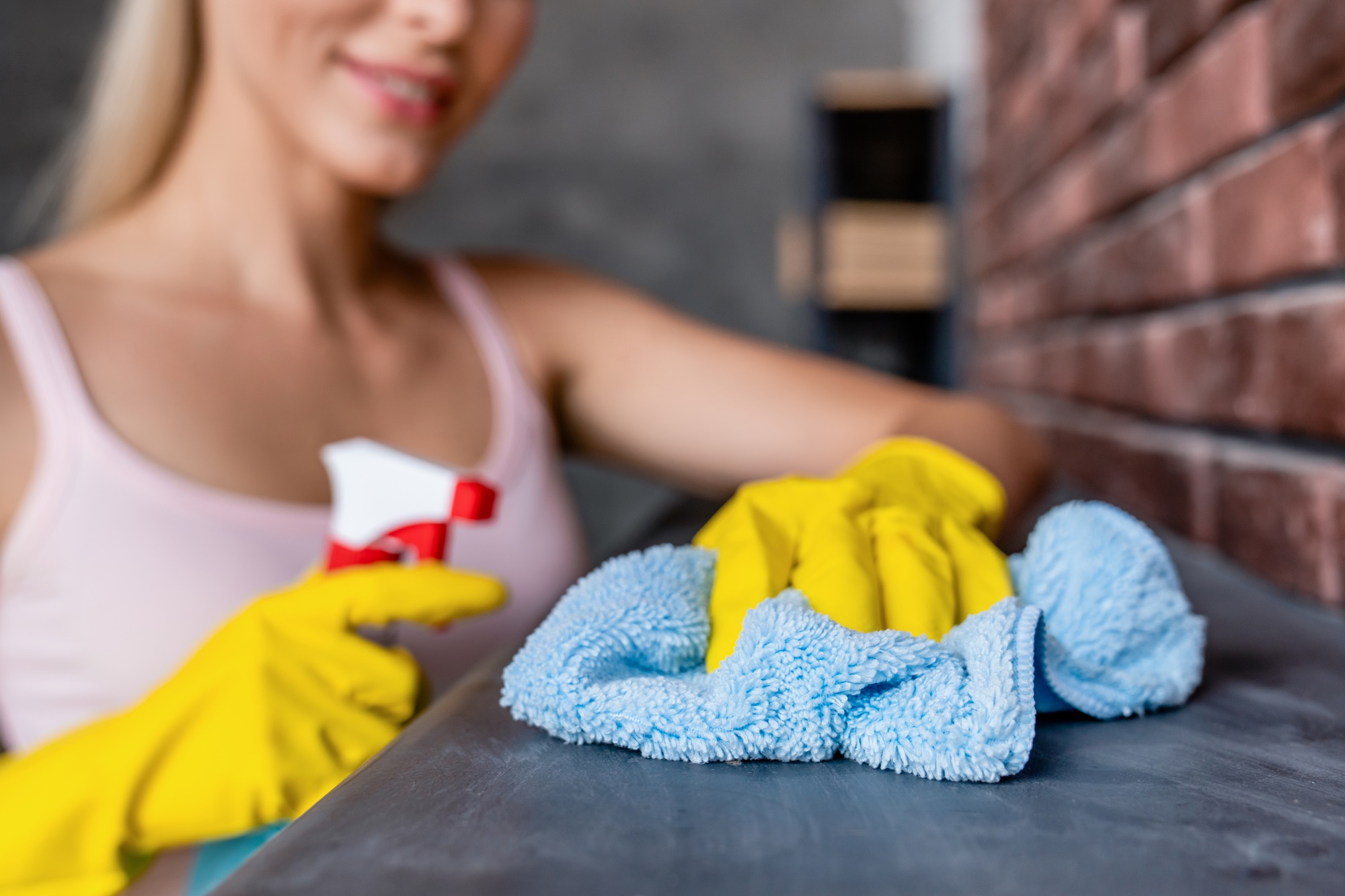 Beautiful young woman cleaning the house